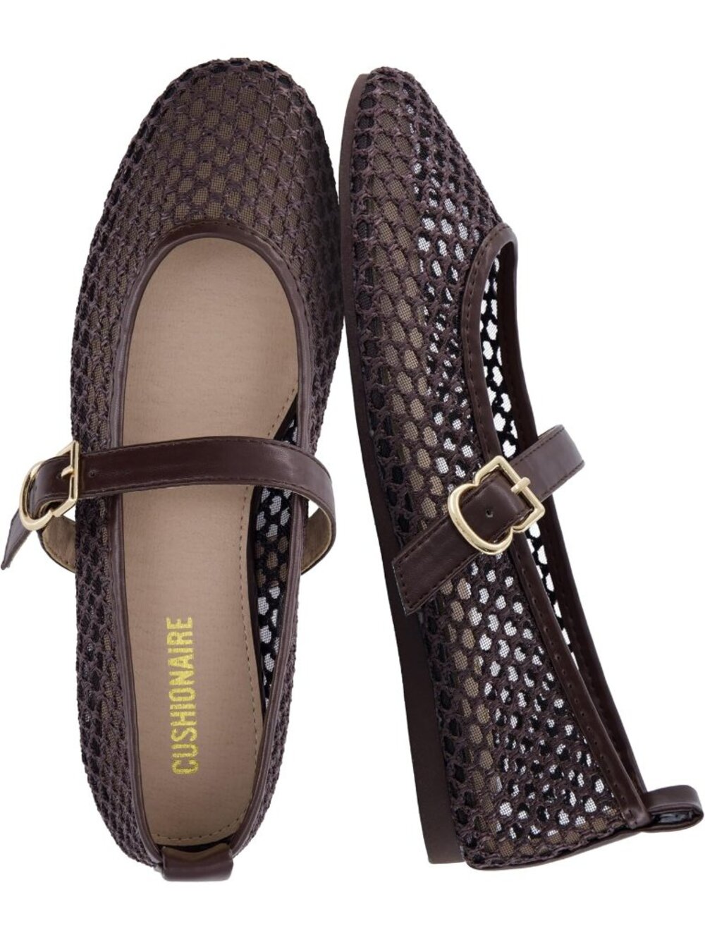Women's Coffee Breathable Adjustable Buckle Strap Mesh Mary Jane Ballet Flats